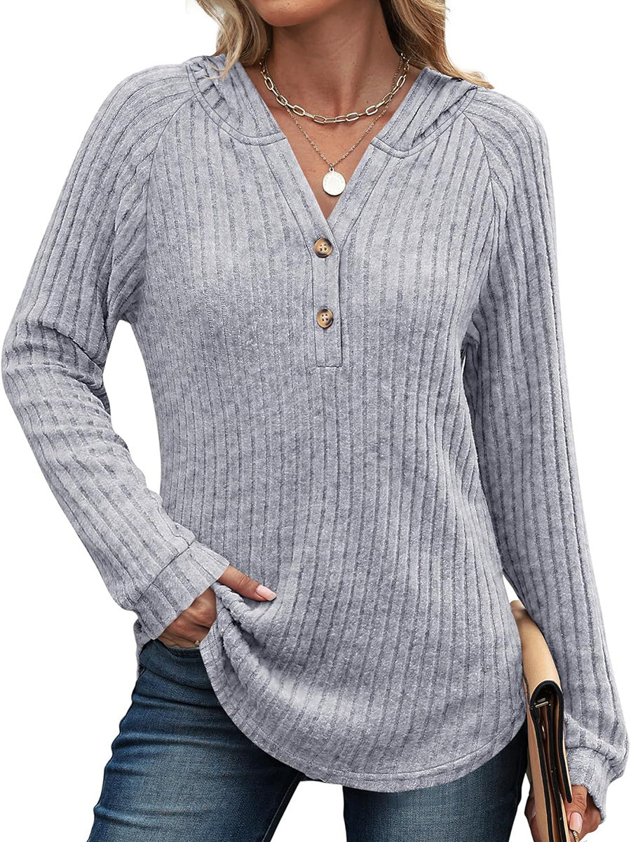 Women's Loose Hooded V Neck Button Ribbed Knit Sweater