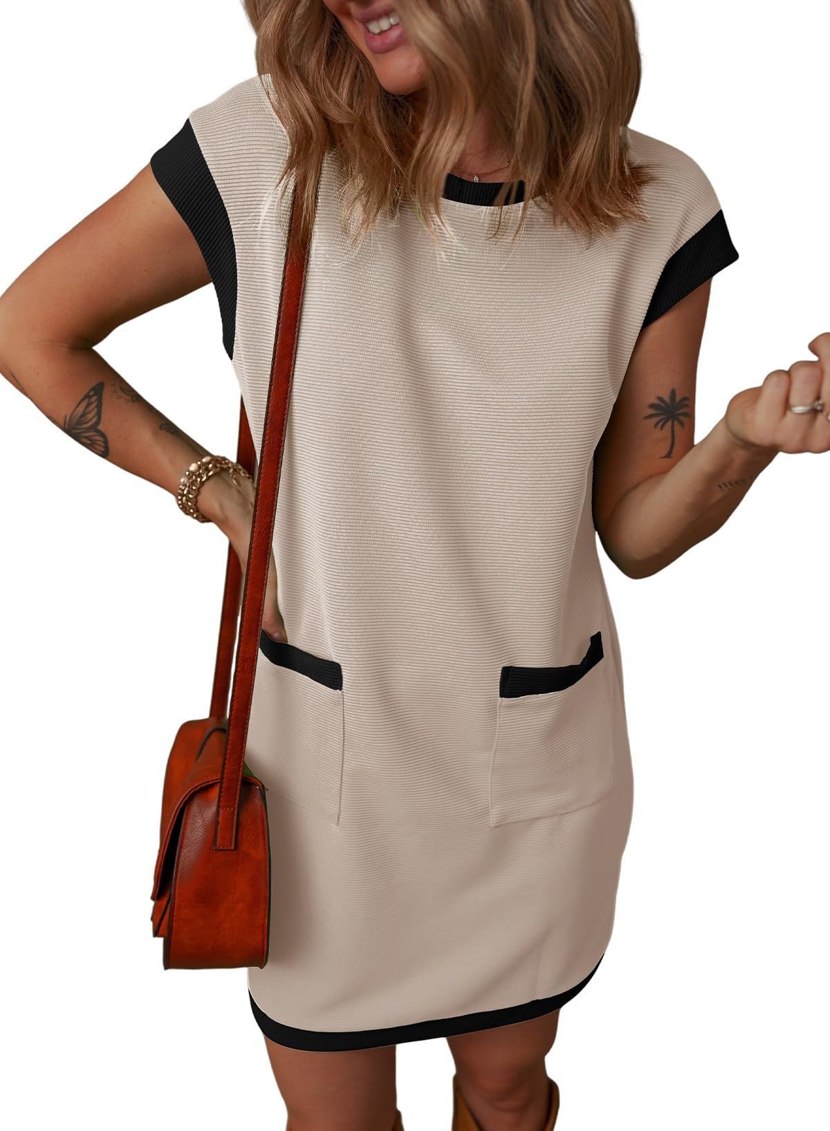 Colorblock Pocket T Shirt Mini Dress Casual Loose Fit