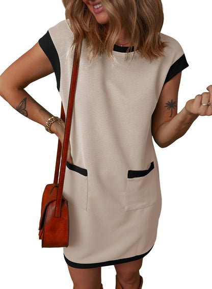 Colorblock Pocket T Shirt Mini Dress Casual Loose Fit