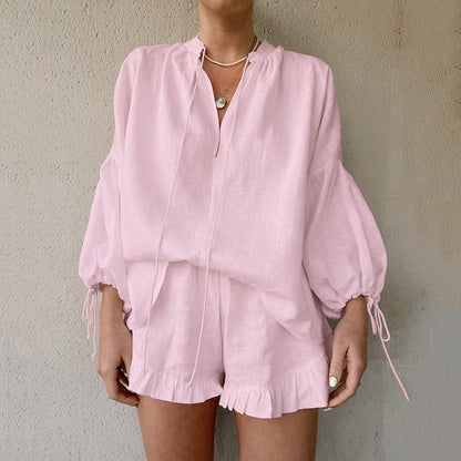 Cotton Linen Balloon Sleeve Tie Front Shorts Set