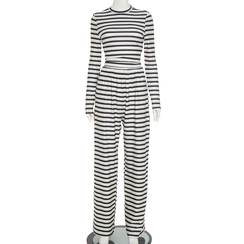 Women's Striped 2 Piece Crop Top Pants Lounge Set