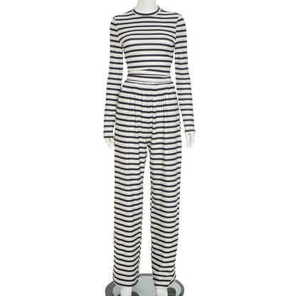 Women's Striped 2 Piece Crop Top Pants Lounge Set
