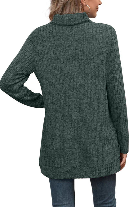 Oversized Ribbed Turtleneck Tunic Top Side Split