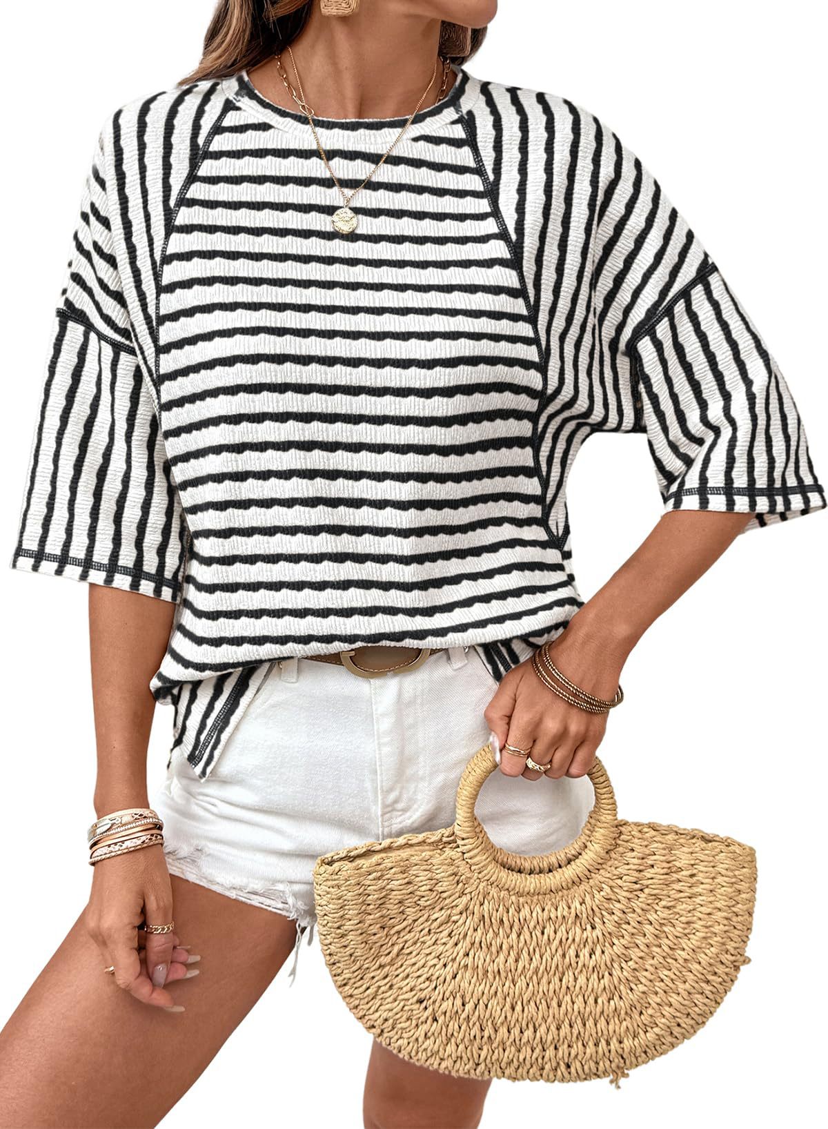 Striped Cotton Blend Tee Casual Half Sleeve Top