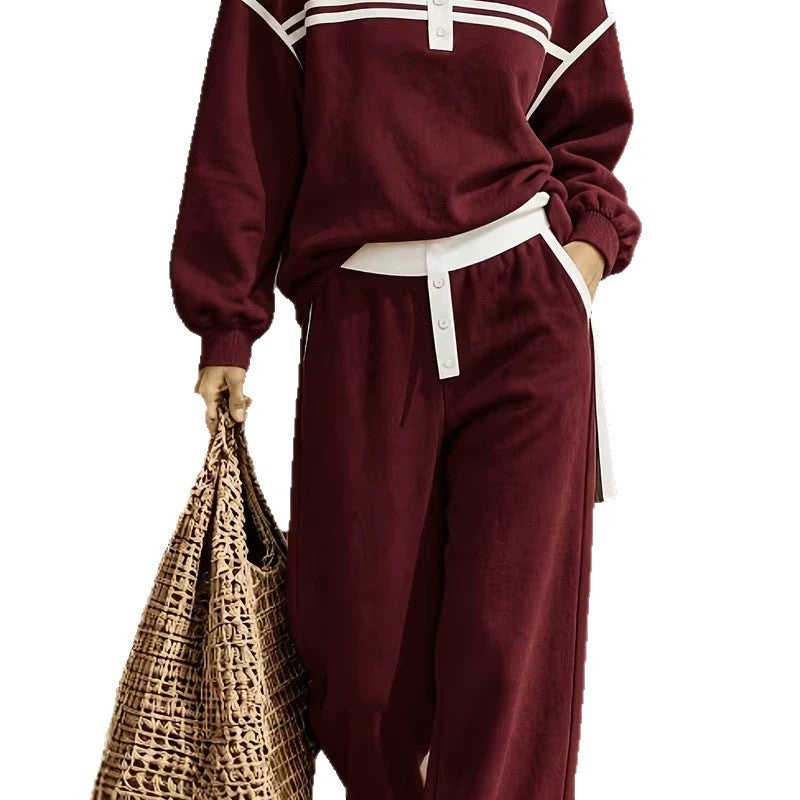 Women's Striped Polo Sweatshirt Wide Leg Pants Set