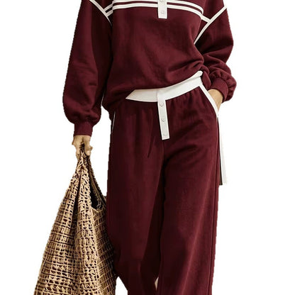 Women's Striped Polo Sweatshirt Wide Leg Pants Set