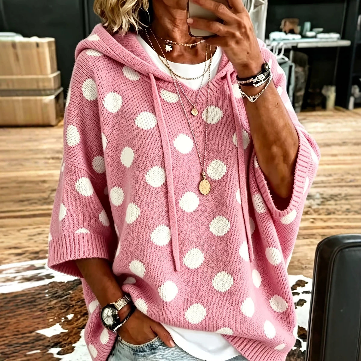 Women's Polka Dot Hooded Knit Sweater Oversized 3/4 Sleeve