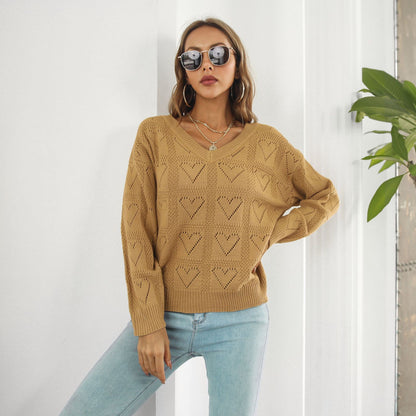 Women's Oversized V-Neck Heart Cutout Knit Sweater