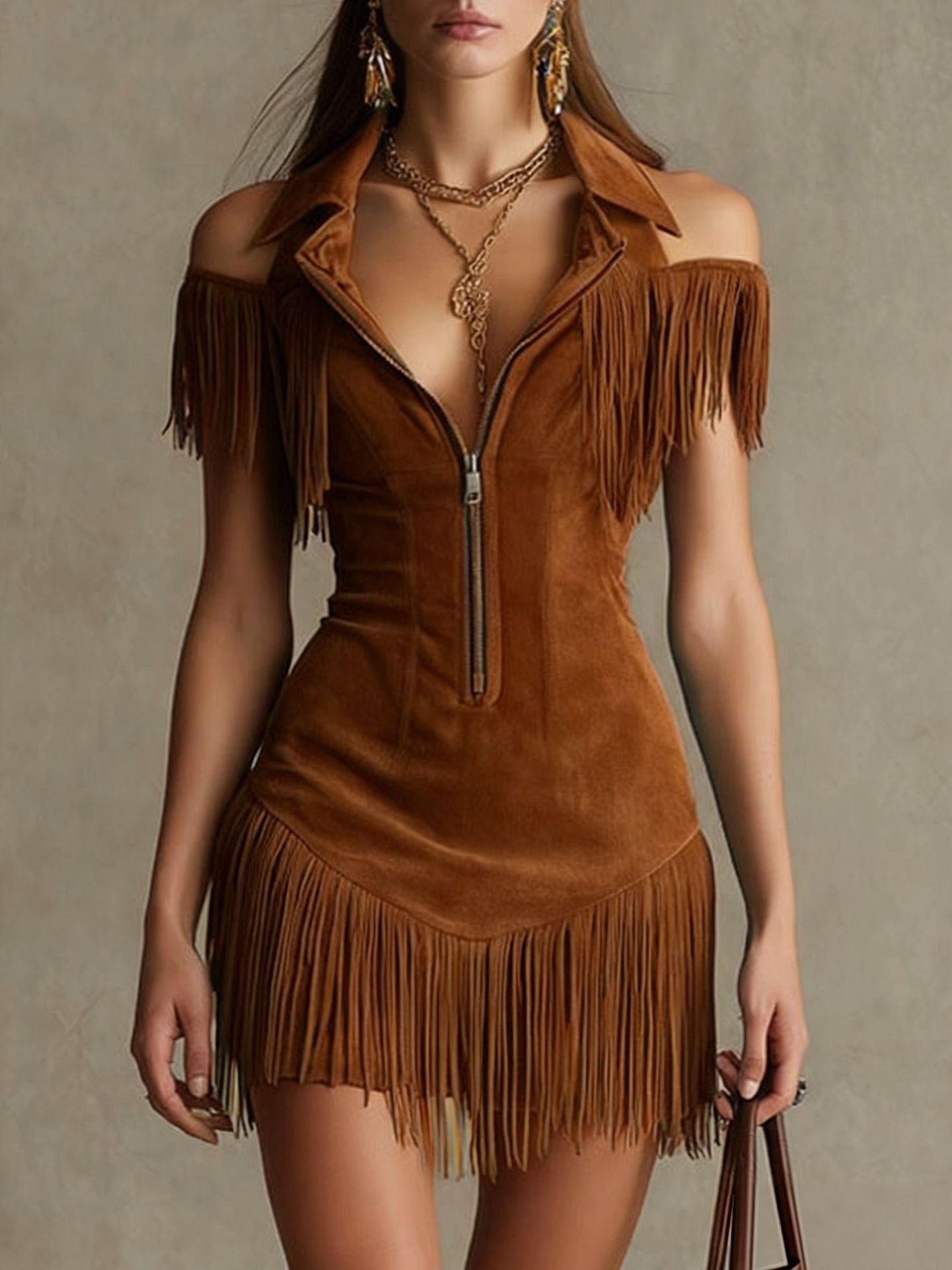 Faux Suede Fringe Mini Dress Off Shoulder Western