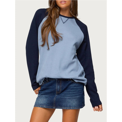 Color Block Waffle Knit Top Crew Neck Long Sleeve Tee
