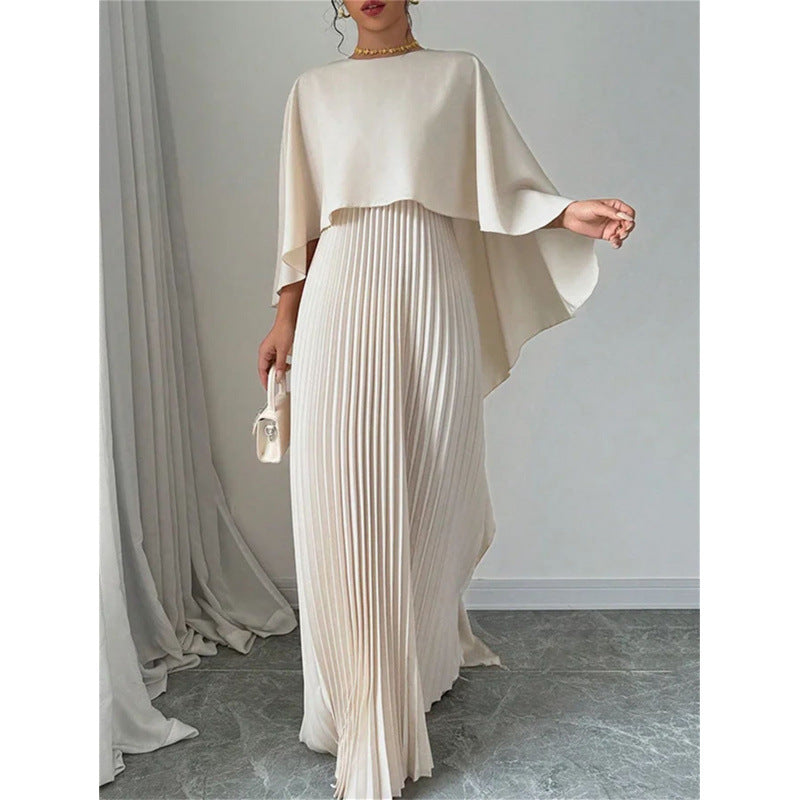 Women's Pleated Cape Sleeve Asymmetric Maxi Dress