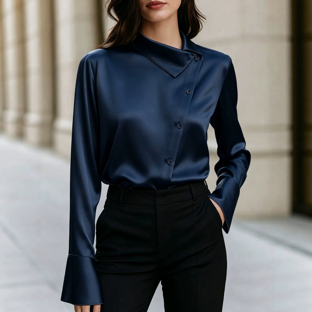 Women Satin Asymmetrical Collar Bell Sleeve Work Blouse