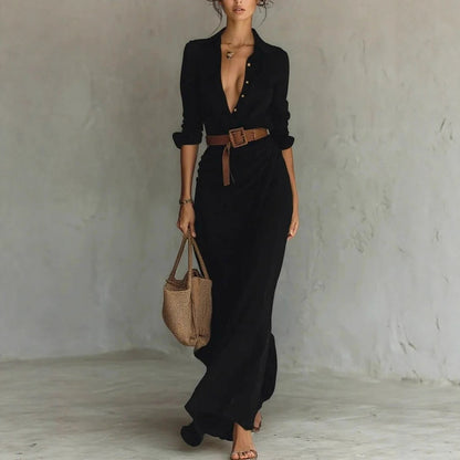 Elegant Ruched Belted Long Sleeve Asymmetric Maxi Dress