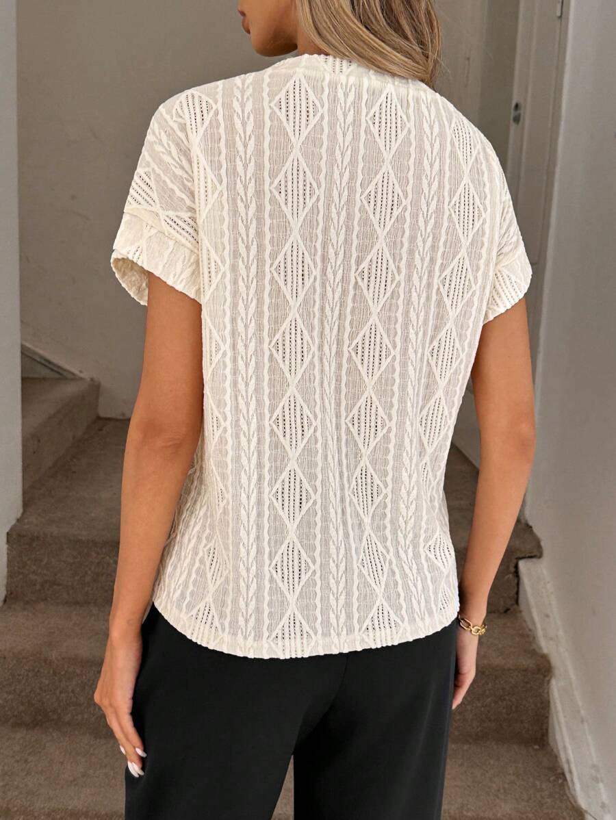 Textured Jacquard Knit Crew Neck Short Sleeve Top