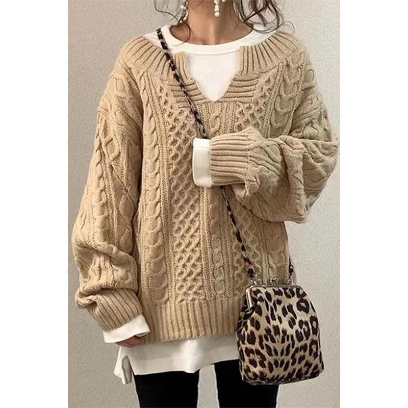 Women's Oversized Cable Knit V-Neck Pullover Sweater