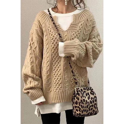 Women's Oversized Cable Knit V-Neck Pullover Sweater