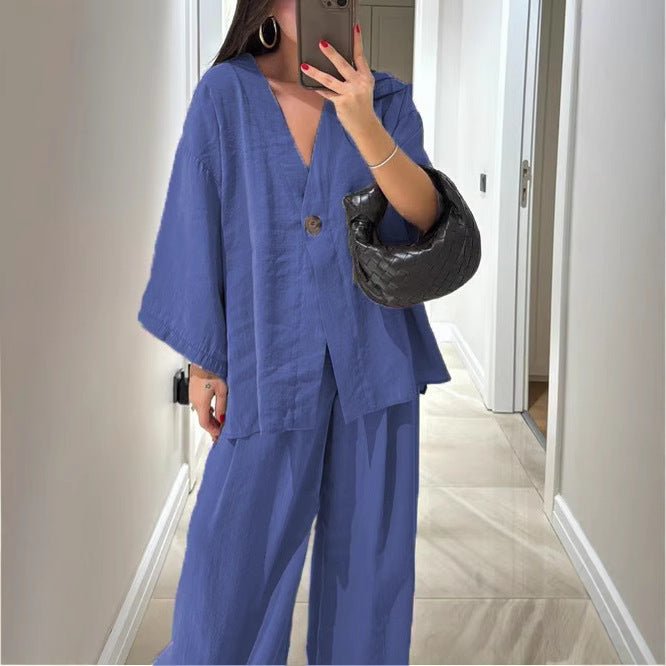Oversized V-Neck Button Top & Wide Leg Pants Matching Set
