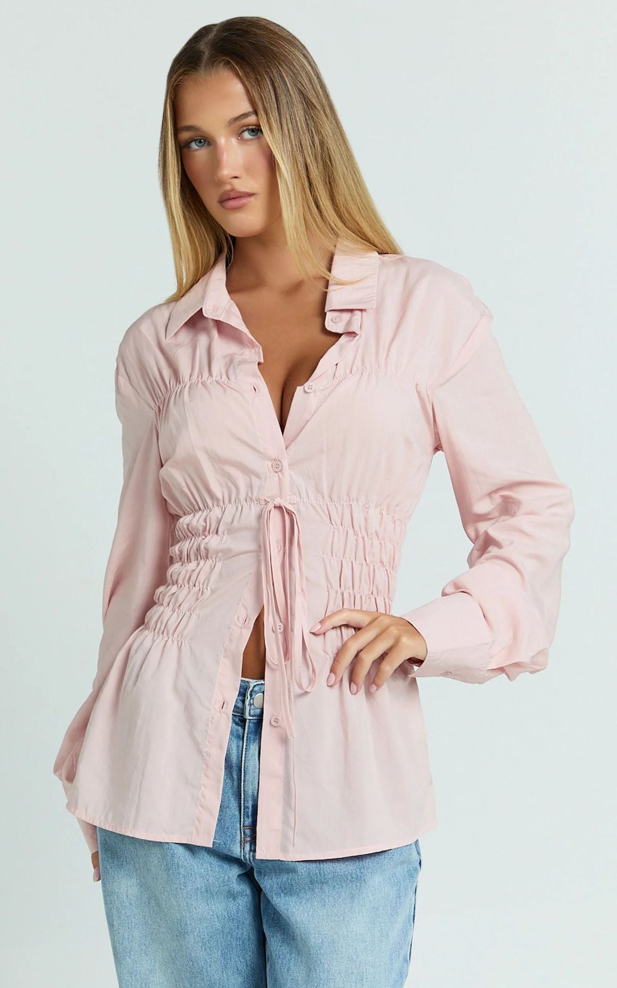 Women's Smocked Drawstring Waist Long Sleeve Blouse