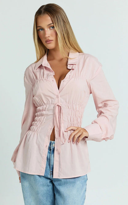 Women's Smocked Drawstring Waist Long Sleeve Blouse