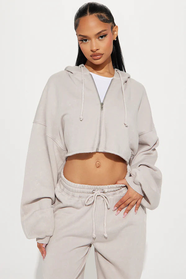 Women's Two Piece Crop Zip Hoodie Wide Leg Sweatpants Set