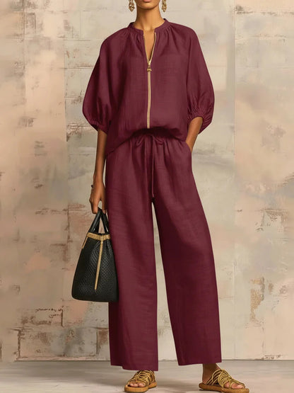 Women's Zip Front Bubble Sleeve Wide Leg Pants Set