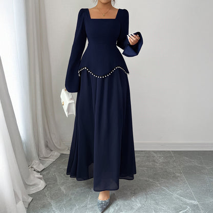 Square Neck Long Sleeve Pearl Trim A-Line Maxi Dress