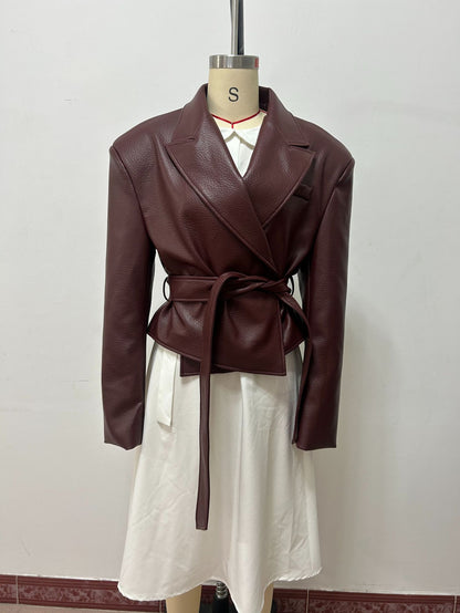 Belted Faux Leather Jacket Women Moto Blazer