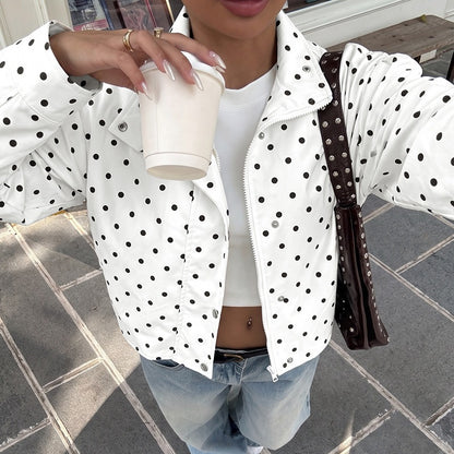 Polka Dot Stand Collar Snap Button Relaxed Jacket