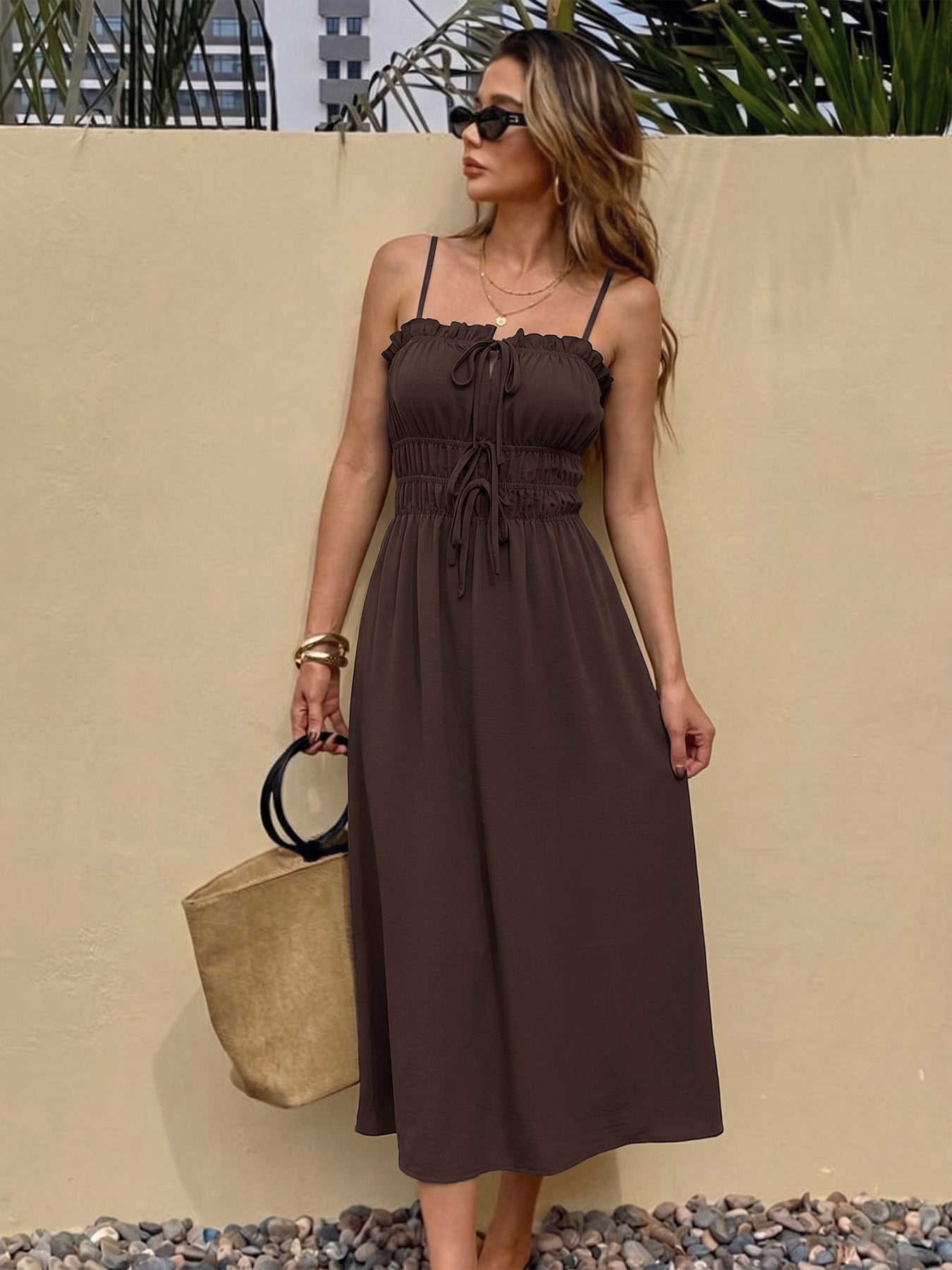 Twist Knot Spaghetti Strap Top Summer Slim Fit Light Khaki