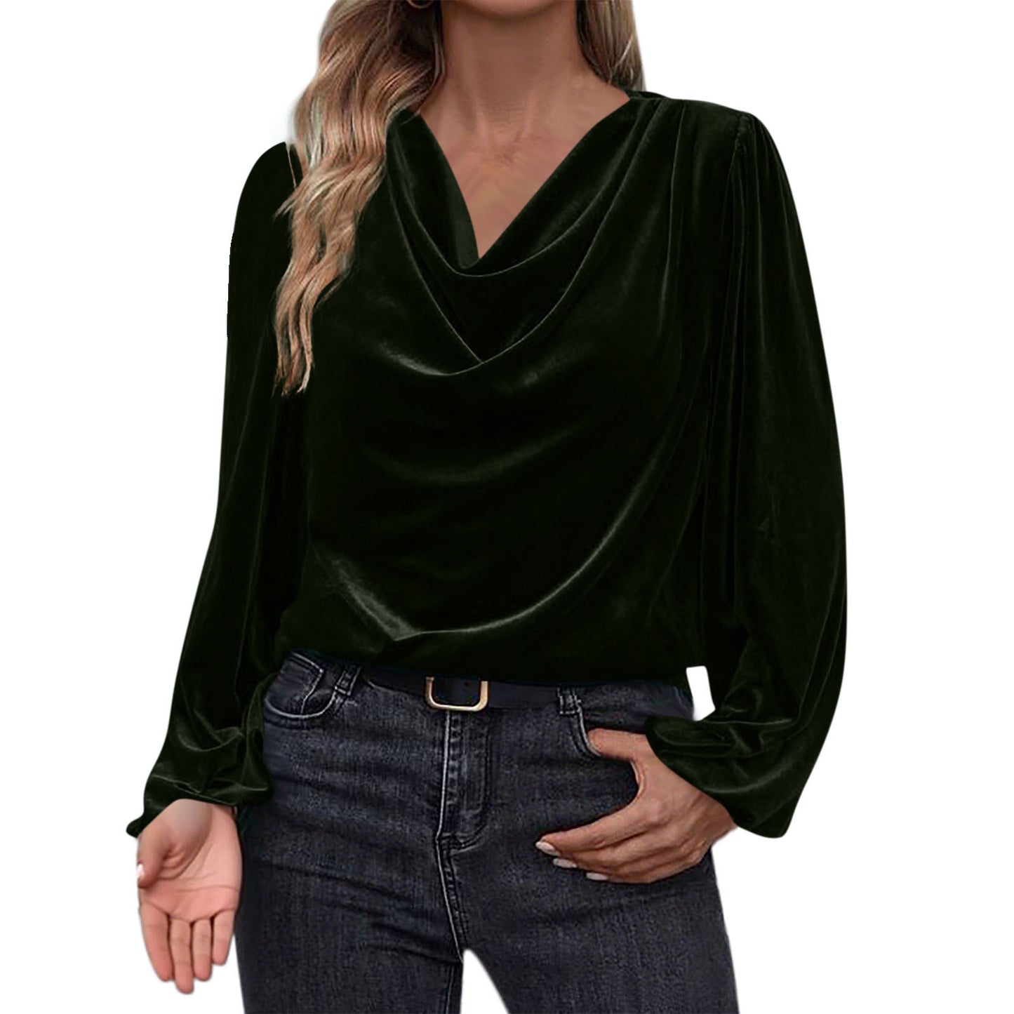 Women's Velvet Cowl Neck Long Sleeve Blouse