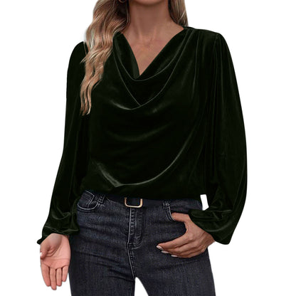 Women's Velvet Cowl Neck Long Sleeve Blouse
