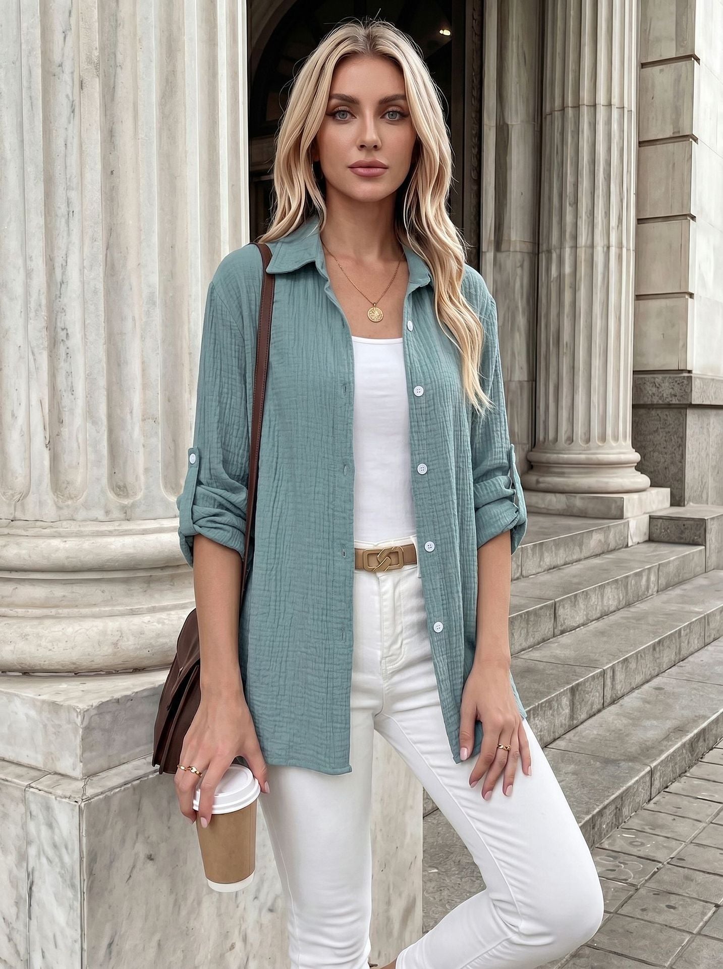 Textured Gauze Button Shirt Roll Tab Sleeve Top