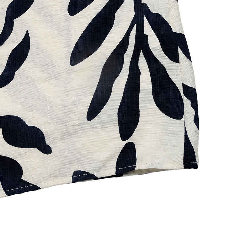 Leaf Print Sleeveless Strappy Dress with Belt Side Slit
