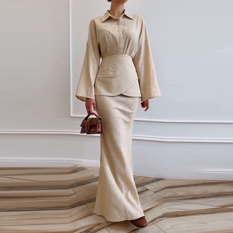 Women's Elegant Collared Long Sleeve 3 Piece Maxi Skirt Set