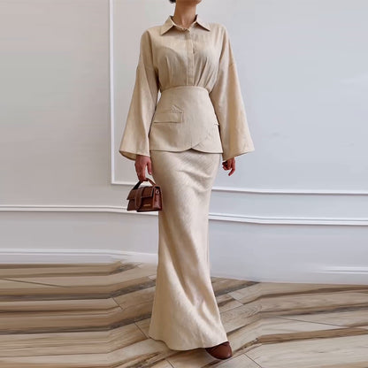 Women's Elegant Collared Long Sleeve 3 Piece Maxi Skirt Set