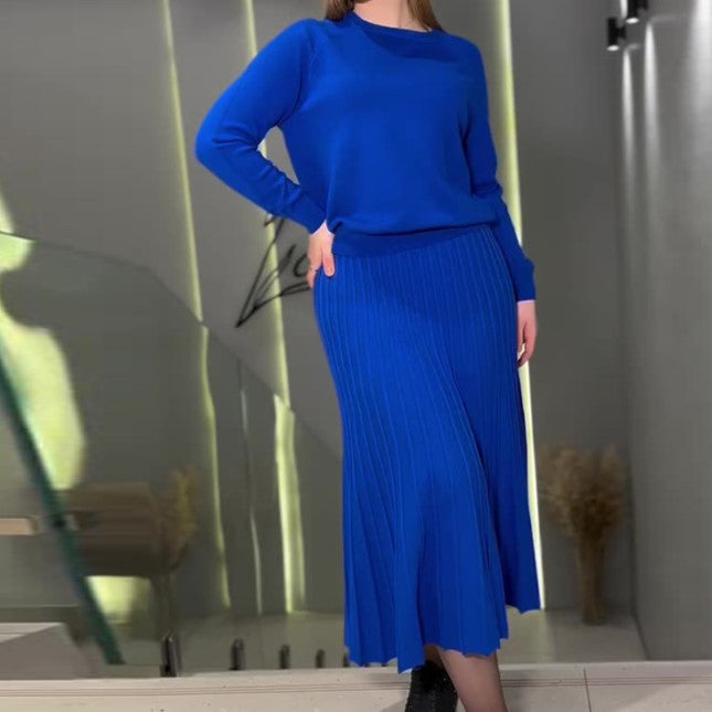 Women's Two Piece Pleated Maxi Skirt Set Long Sleeve