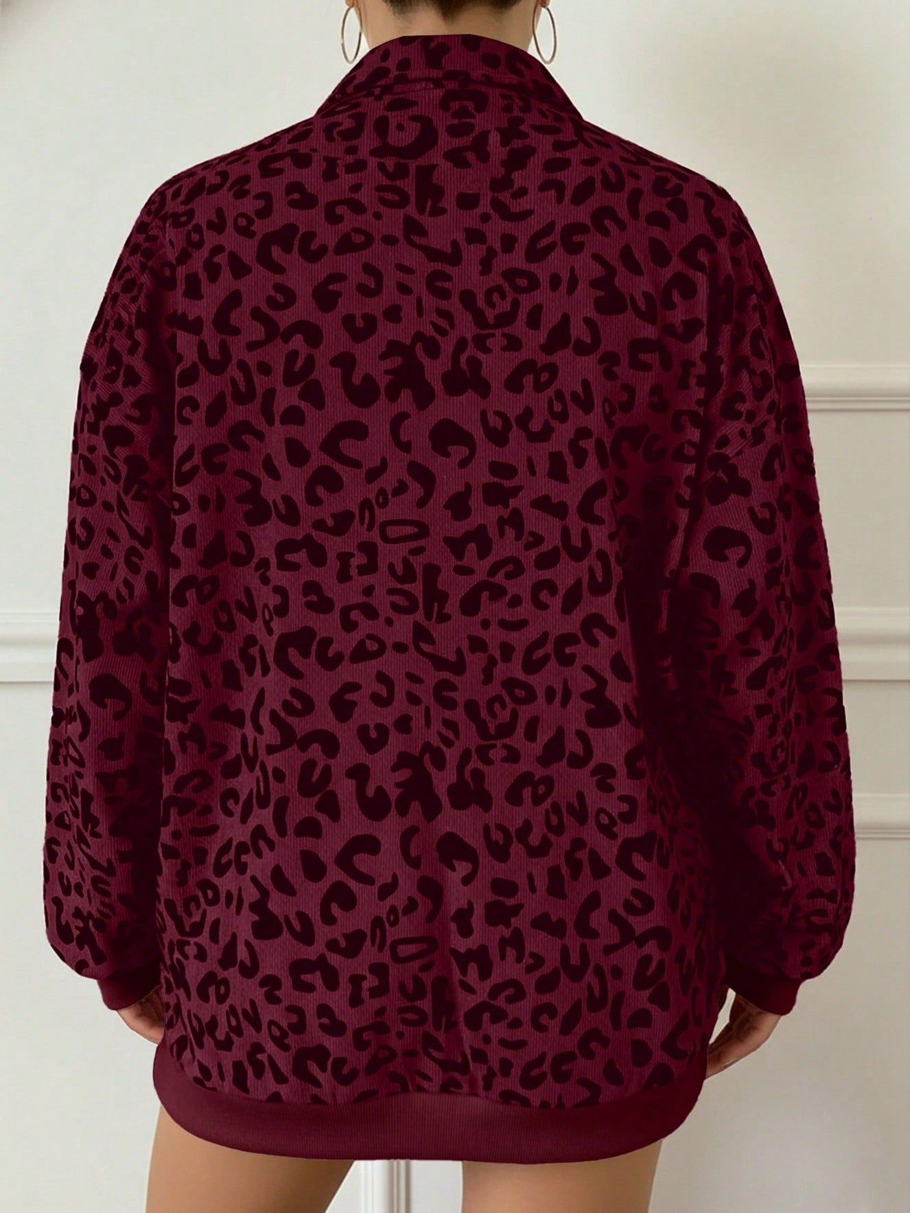 Leopard Print Oversized Quarter Zip Pullover Sweatshirt