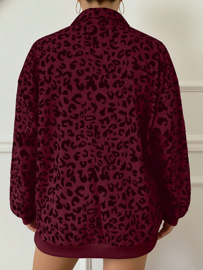 Leopard Print Oversized Quarter Zip Pullover Sweatshirt