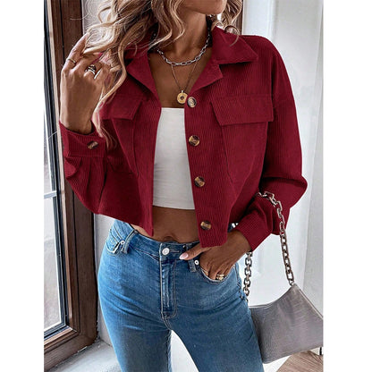Women's Corduroy Cropped Jacket Button Front Long Sleeve
