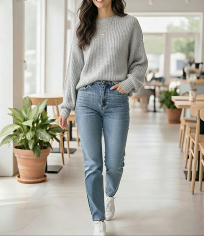 Women's Oversized Ribbed Crew Neck Pullover Sweater
