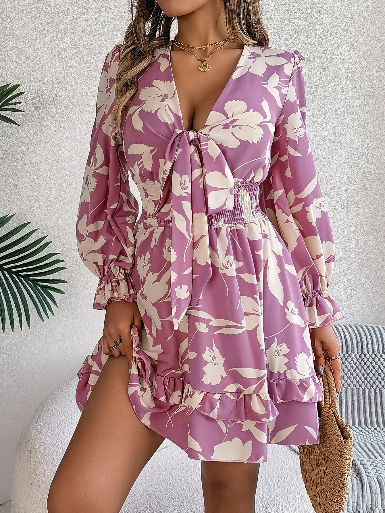 Floral V Neck Long Sleeve Ruffle Mini Dress