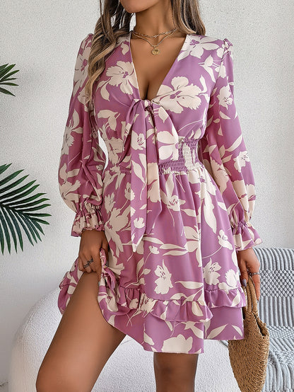 Floral V Neck Long Sleeve Ruffle Mini Dress
