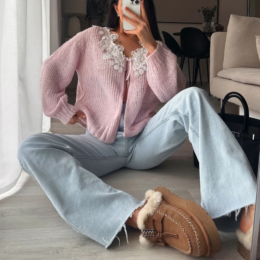 Women's Pink Lace Collar Tie Front Chunky Cardigan