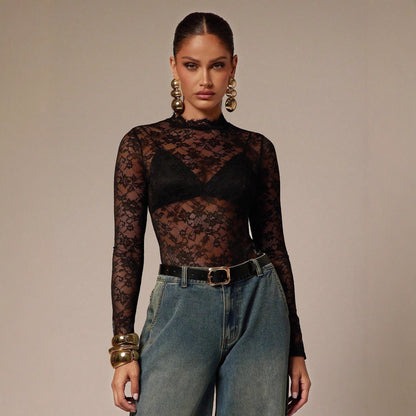 Black Floral Lace Bodysuit Sheer Mesh Mock Neck Top