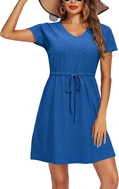 Short Sleeve A-Line Cover Up Dress with Hollow Detail