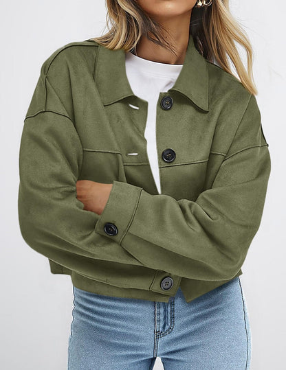 Faux Suede Cropped Button Front Jacket with Pockets