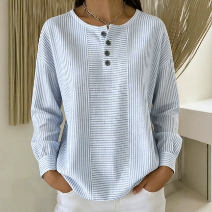 Women's Striped Patchwork Crew Neck Long Sleeve Blouse
