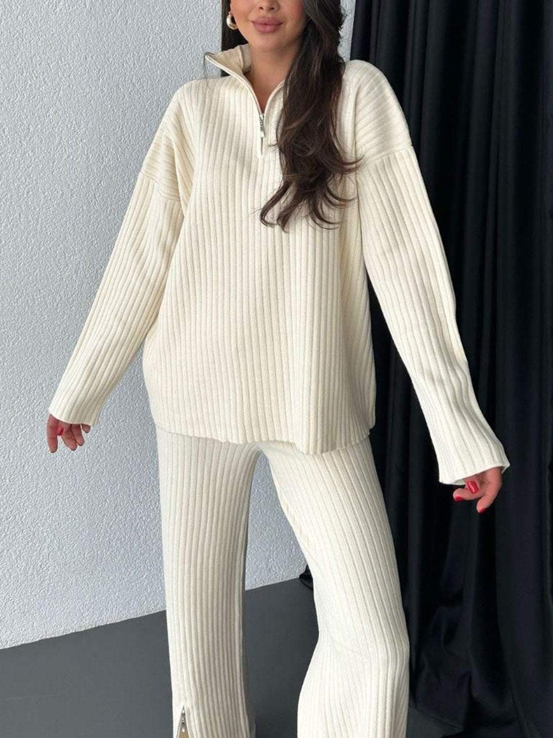 Women's Ribbed Half Zip Knit Lounge Set 2 Piece