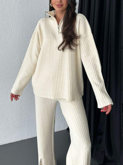 Women's Ribbed Half Zip Knit Lounge Set 2 Piece