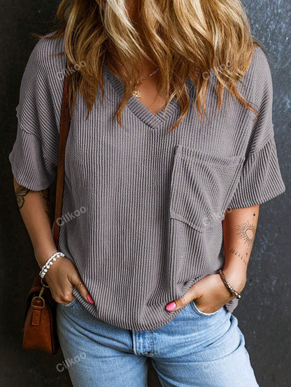 Women’s Ribbed V Neck Short Sleeve Pocket Tee